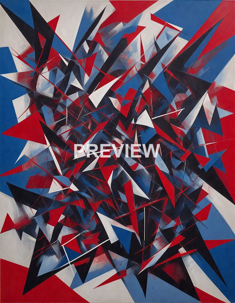 An abstract geometric painting featuring sharp, angular shapes in red, blue, black, and white, layered to create a dynamic, chaotic composition.